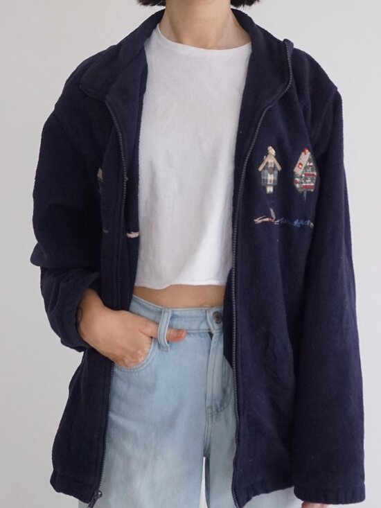 Northern Reflections Sweaters - Vintage Northern Reflections Navy Birdhouse Embroidered Fleece Cottage Cardigan